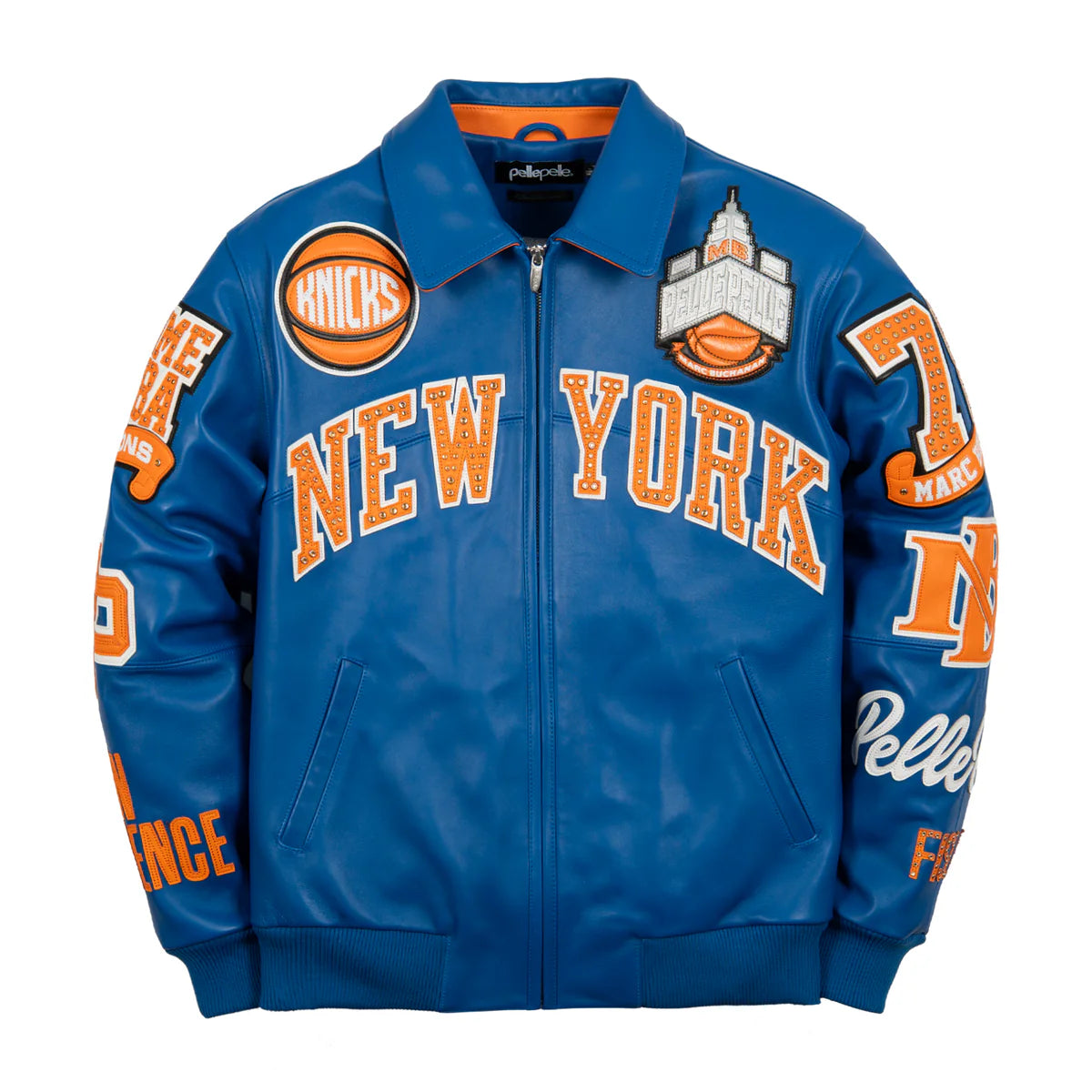 Front view of the blue Pelle Pelle "For The City" New York Knicks leather jacket. The design features large, orange "NEW YORK" block lettering across the chest encrusted with crystals. Detailed patches include a Knicks basketball on the right chest, a large Empire State Building "Marc Buchanan" emblem on the left chest, and various team-themed patches down both sleeves.