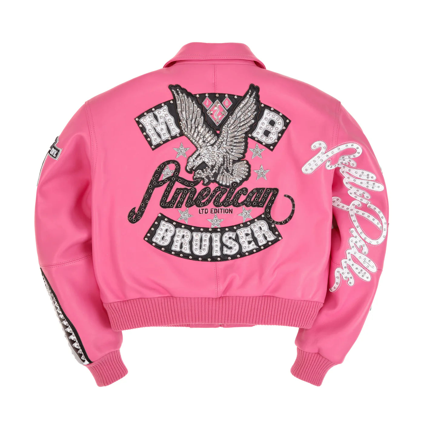 The back features a large, highly embellished patch. A detailed, silver sequined eagle with its wings spread is at the top. Below the eagle, the words "American Bruiser" are written in a mix of cursive and block letters, also with extensive sequin and stud embellishments. The sleeves continue the embroidered "Pelle Pelle" branding seen on the front.