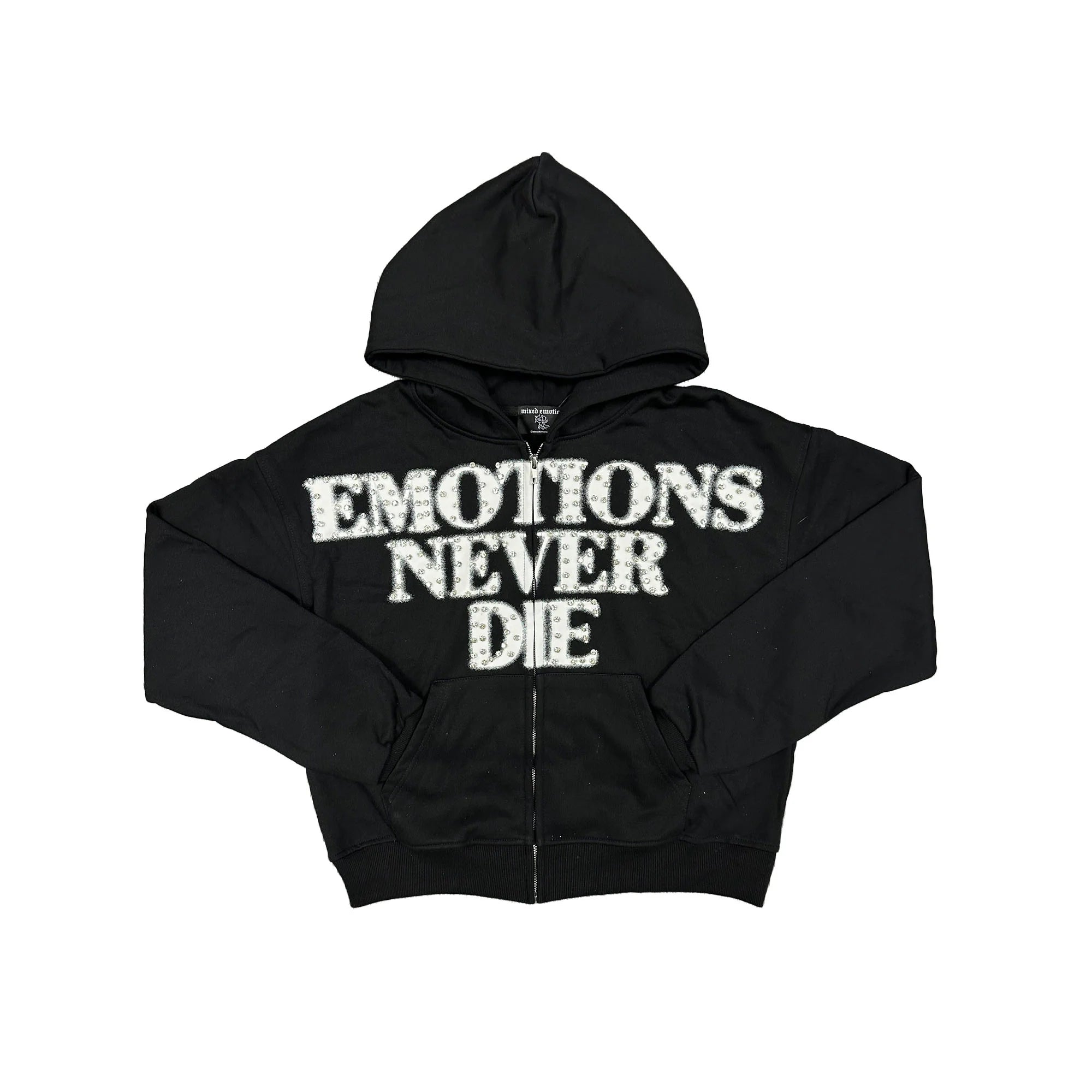 Mixed Emotion Black ‘End’ Rhinestone hoodie