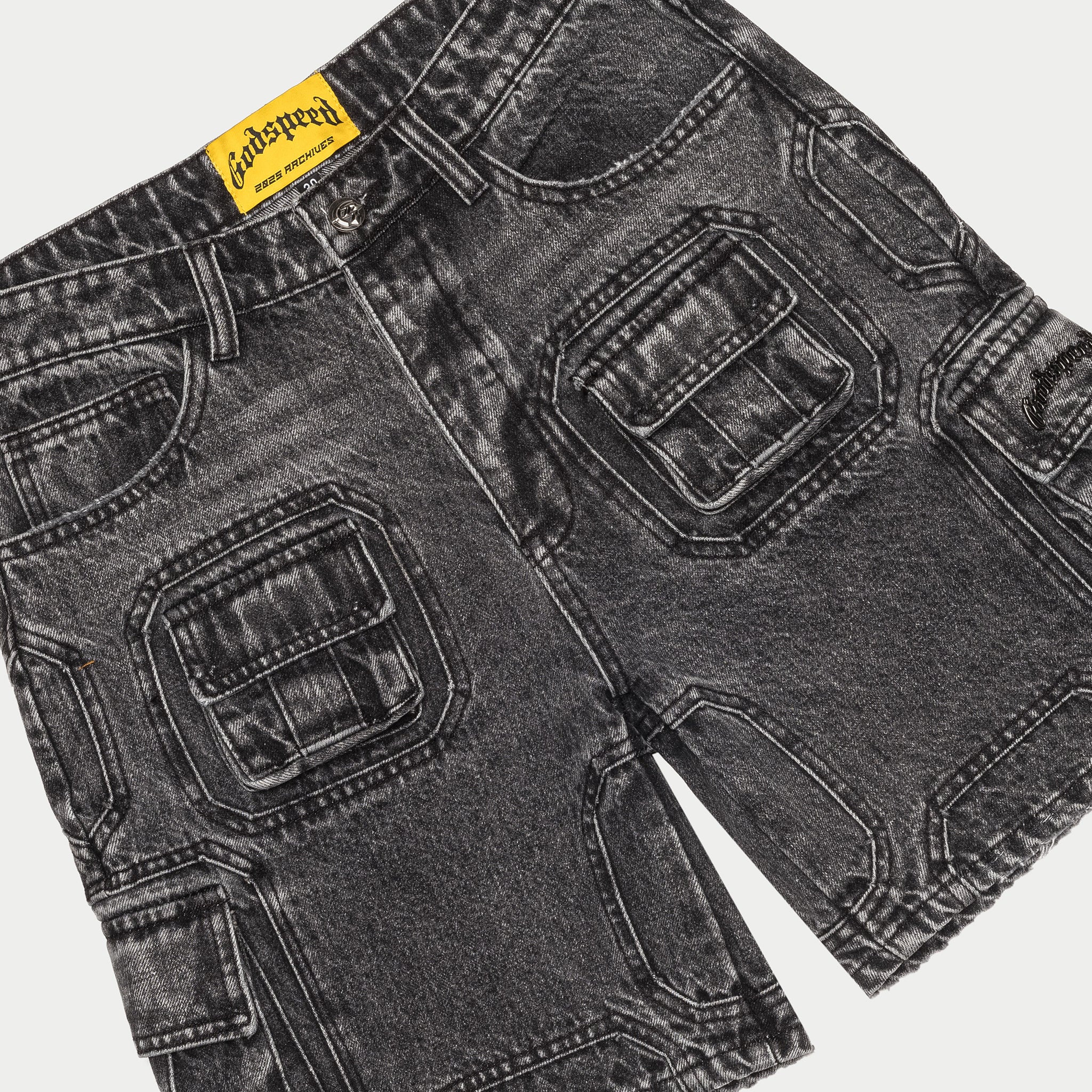 Godspeed Octagon Cargo Denim Shorts (Grey Wash)