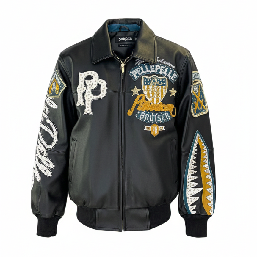 Black Pelle Pelle American Bruiser leather jacket with multiple patches and branding on a white background