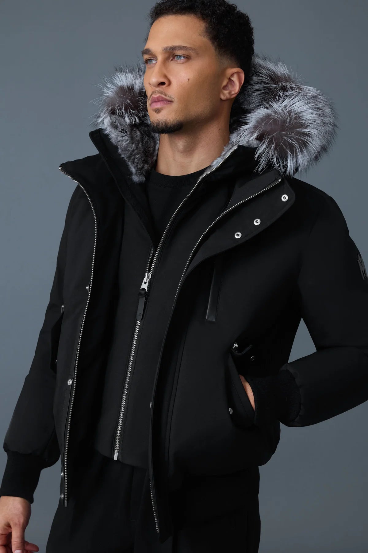Mackage DIXON-X 2-in-1 Nordic Tech down bomber with silver fox fur