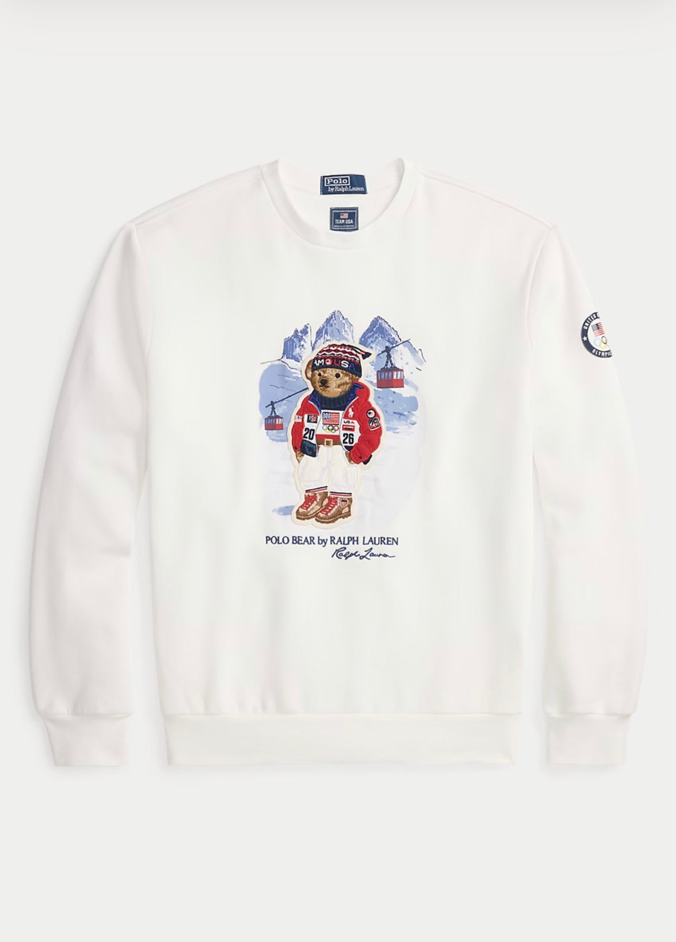 White Polo Ralph Lauren sweatshirt with a bear graphic and text on a white background