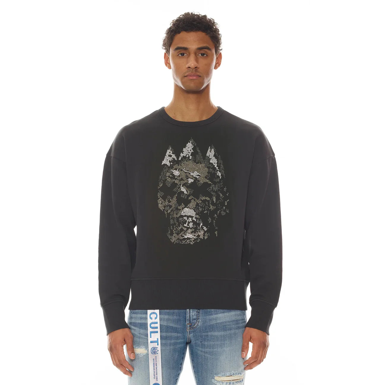 Cult Of Individuality French Terry Crew Neck Sweatshirt"Crystal Skull" In Black