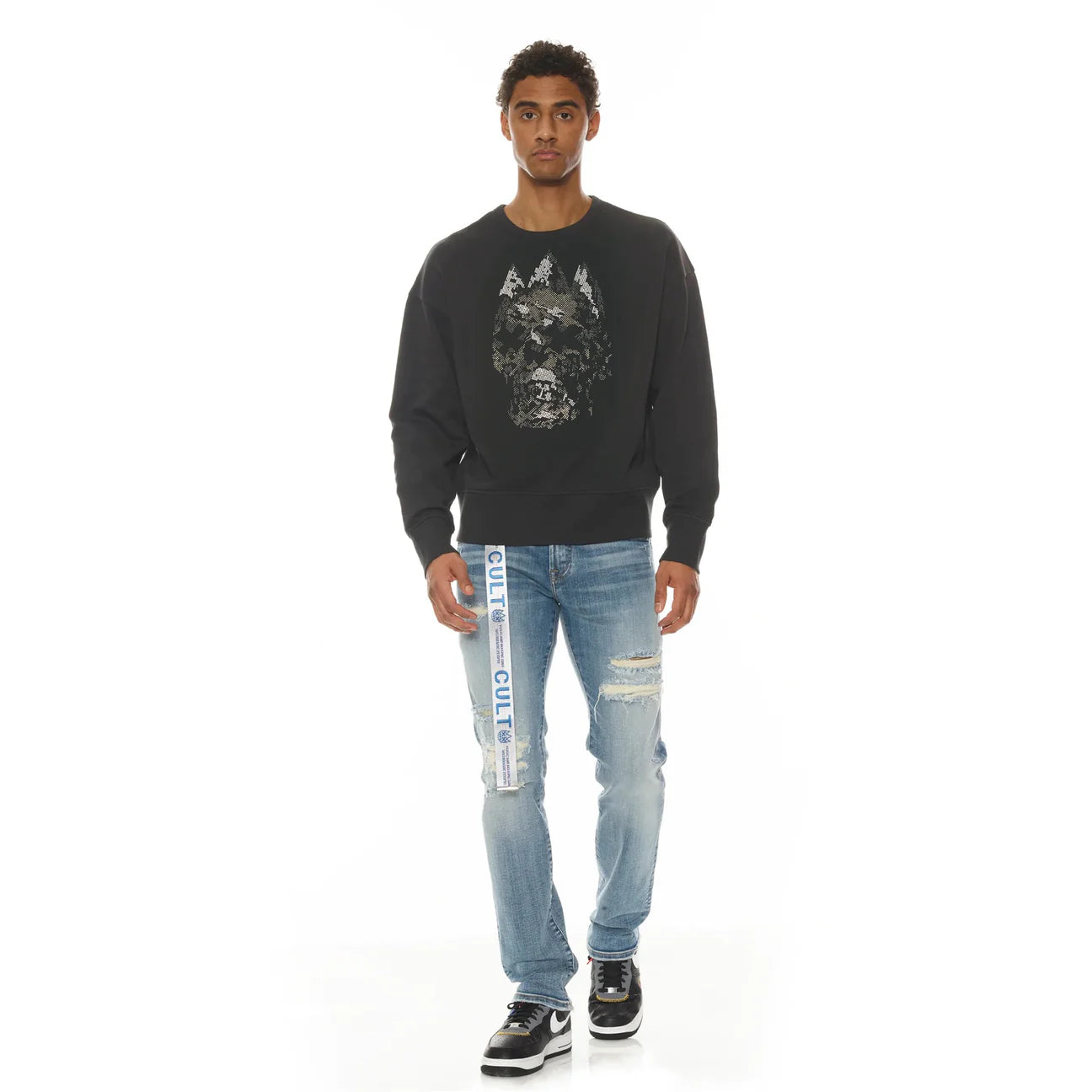 Cult Of Individuality French Terry Crew Neck Sweatshirt"Crystal Skull" In Black