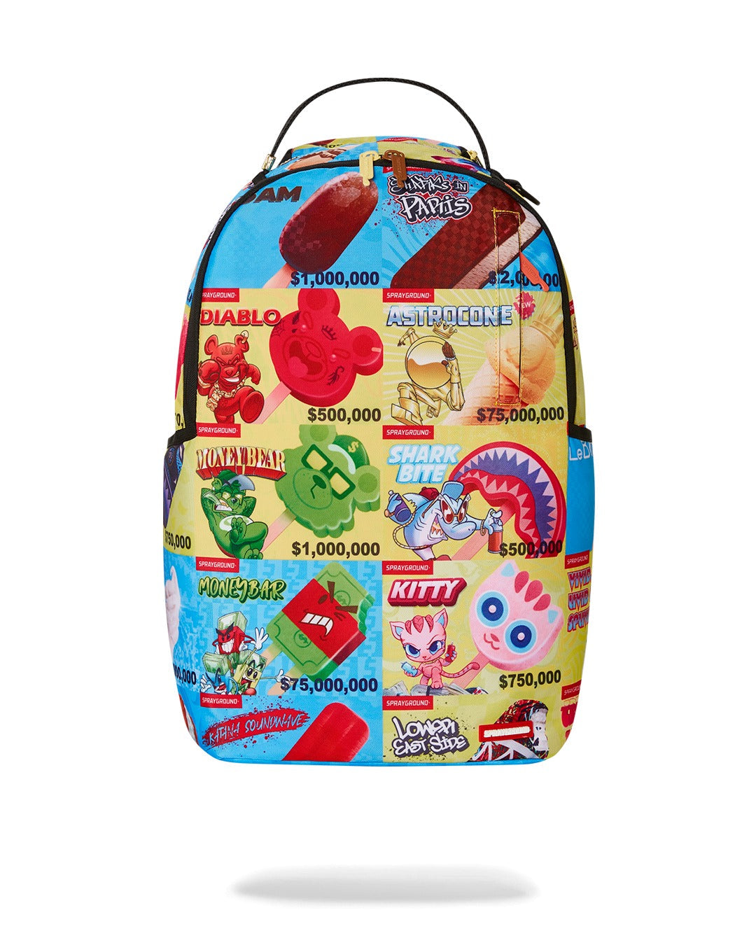 A brightly colored Sprayground backpack featuring a collage of cartoon characters and ice cream novelty wrappers. The design mimics a classic ice cream truck menu board. The background colors vary between blue and yellow. The cartoon characters include a red devil, a green monkey, a blue shark, a pink cat, and a red monster. Each character is associated with a different ice cream type, like a popsicle or a cone, and a price, such as "$1,000,000." A black handle is at the top of the backpack.