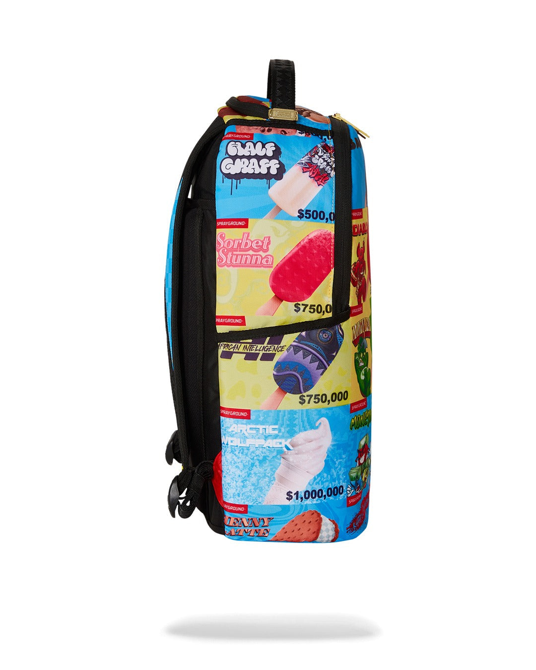 A side view of a vibrant Sprayground backpack with a cartoon ice cream menu graphic. The side panel shows various ice cream novelties, including a red popsicle labeled "Sorbet Stunna," and a swirled ice cream cone. Each item has a different price, such as "$500,000" and "$750,000." The backpack's side pocket and black shoulder strap are visible.