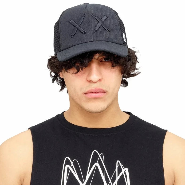 Cult Of Individuality Mesh Back Trucker with Black Logo Black Visor Black