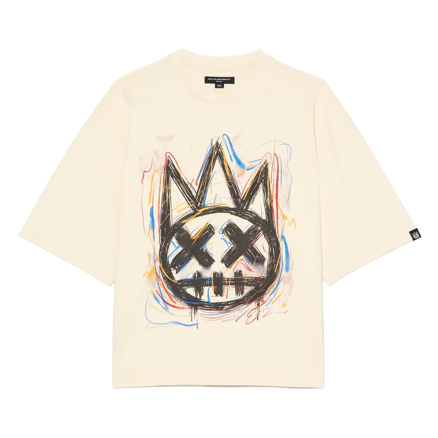 Cult Of Individuality Oversized Short Sleeve Crew Neck Tee "Scribble Logo" in Winter White