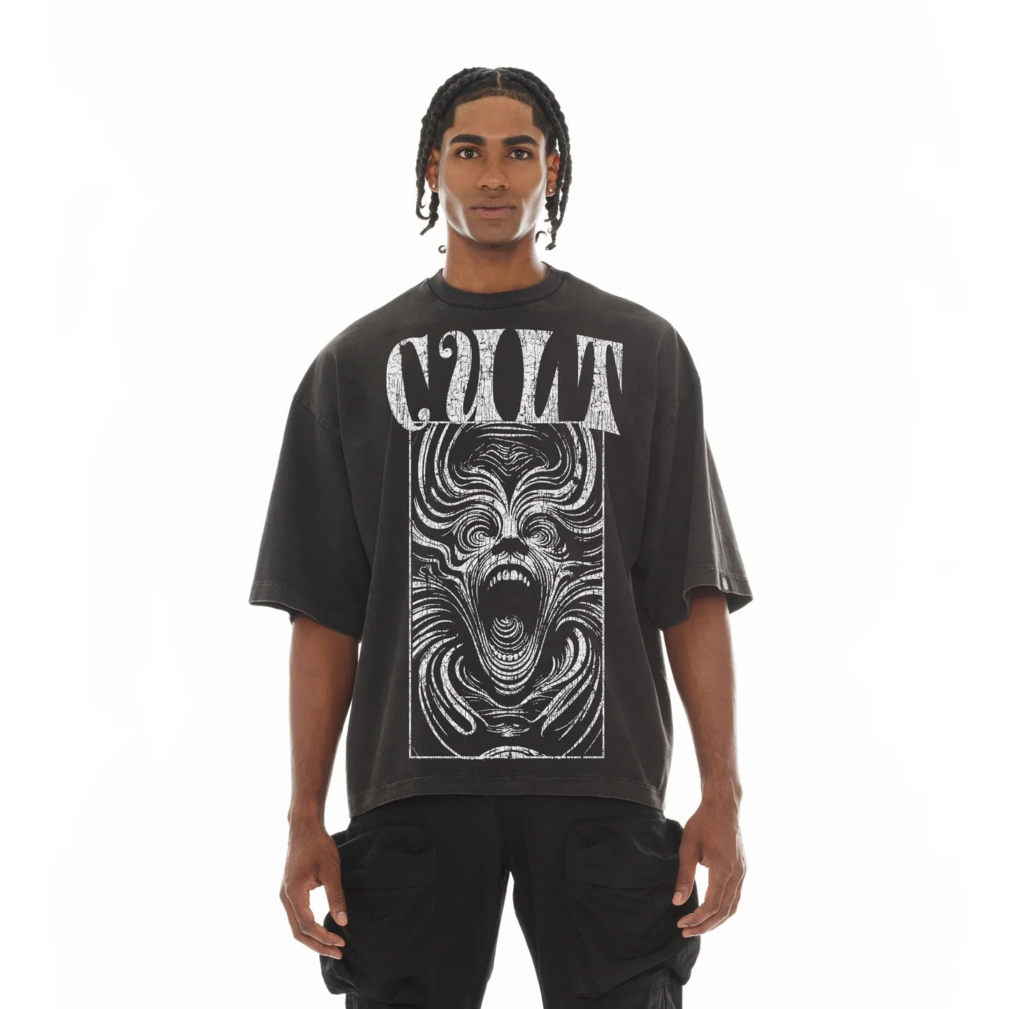 Cult Of Individuality Oversized Short Sleeve Crew Neck Tee "Lose Your Mind" in Vintage Charcoal