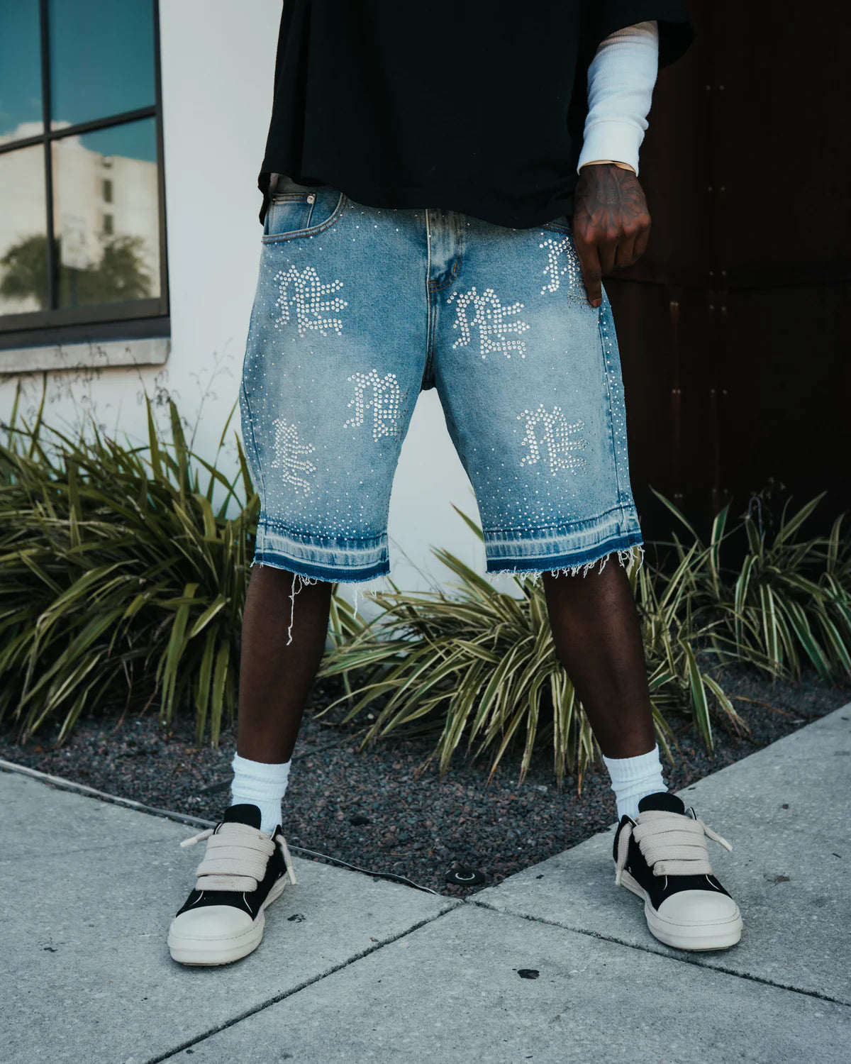 Mixed Emotion "Me" Rhinestone Denim Shorts