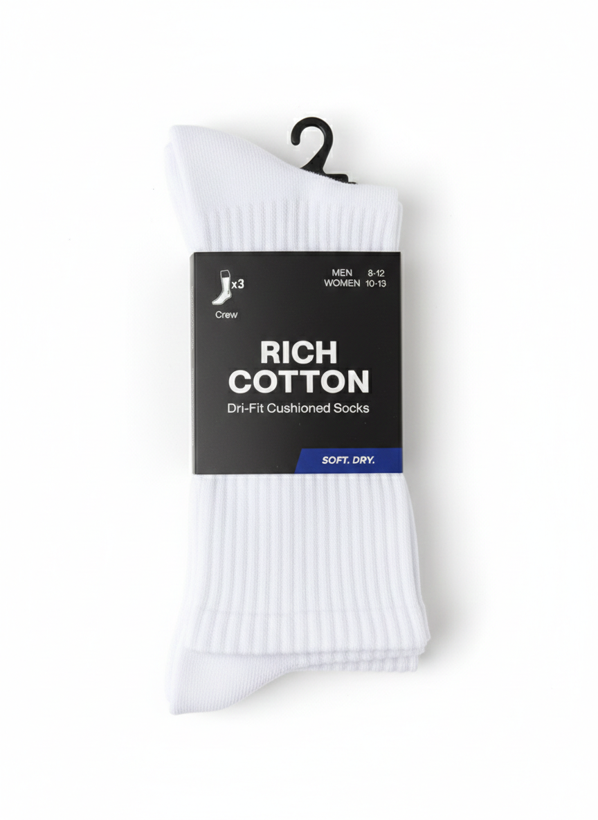 Rich Cotton Long Dri-Fit Cushioned Socks (3 Pack)