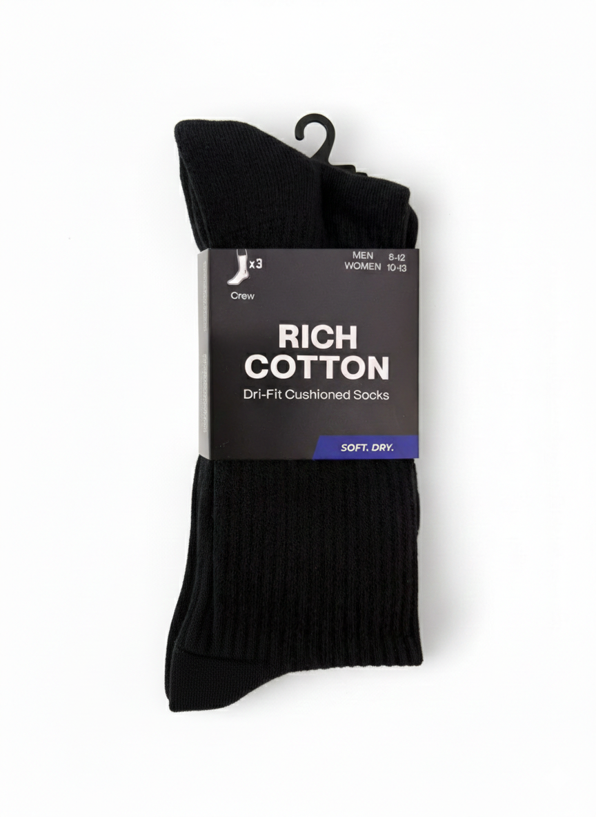 Rich Cotton Long Dri-Fit Cushioned Socks (3 Pack)