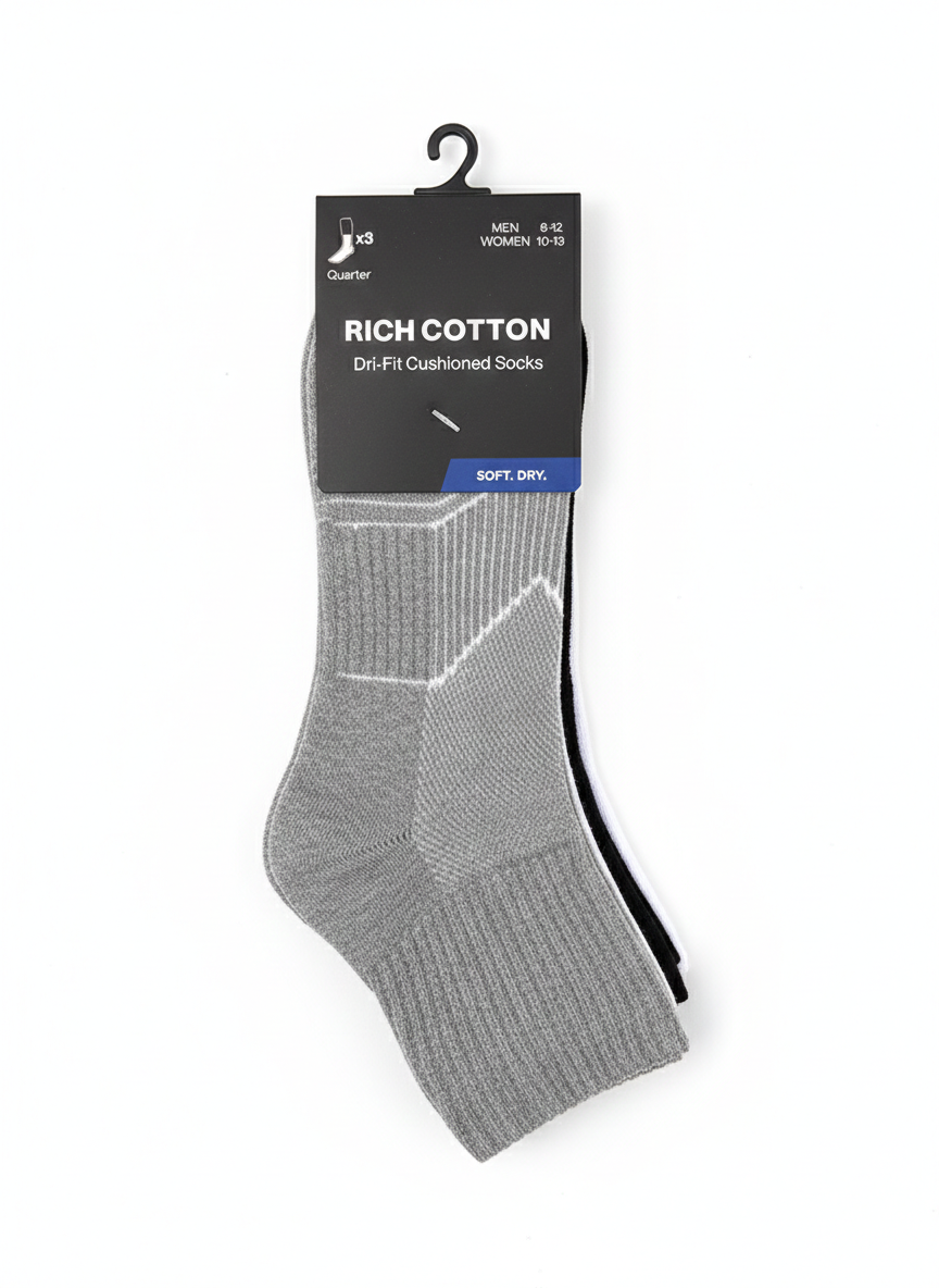 Rich Cotton Quarter Dri-Fit Cushioned Socks (3 Pack)