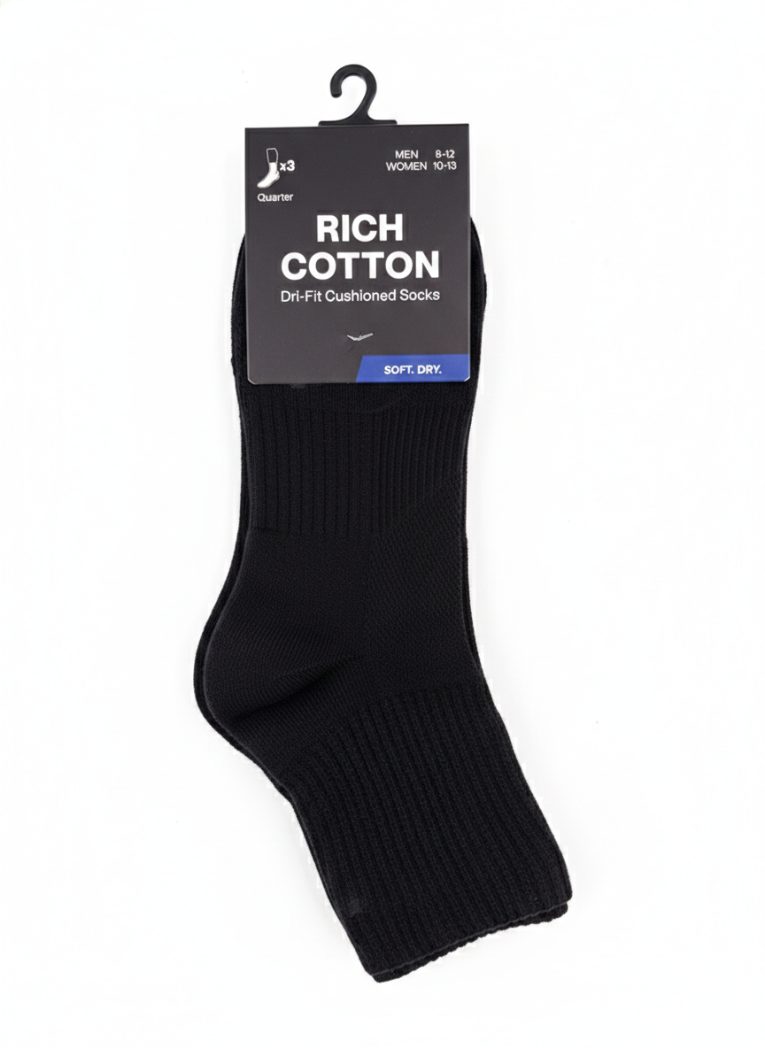 Rich Cotton Quarter Dri-Fit Cushioned Socks (3 Pack)