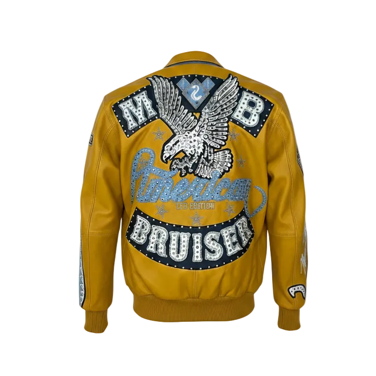 Pelle Pelle American Bruiser Yellow jacket with eagle emblem and text on a white background