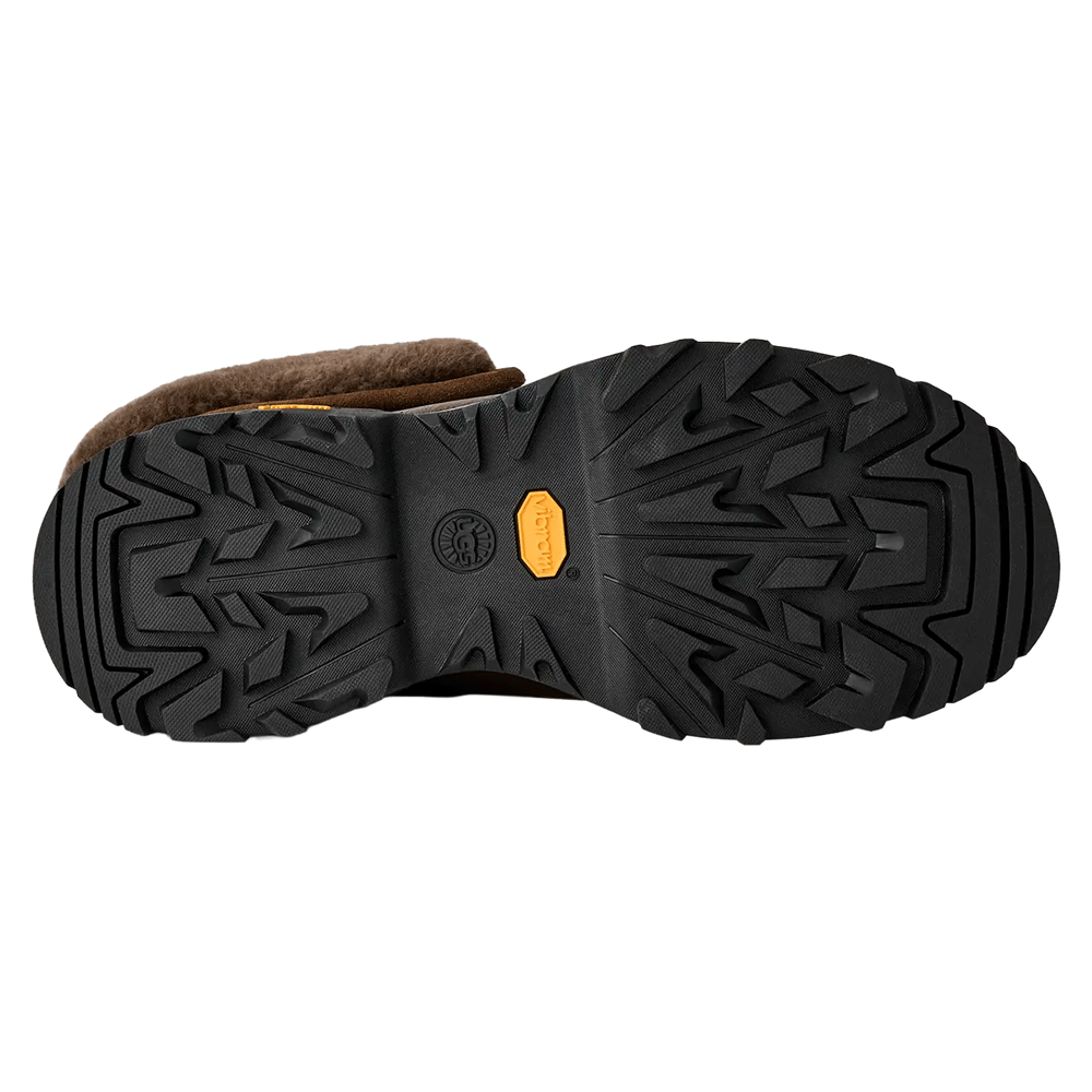 Bottom view of the Dark Toffee UGG boot, showcasing the black Vibram rubber outsole with aggressive multi-directional treads.
