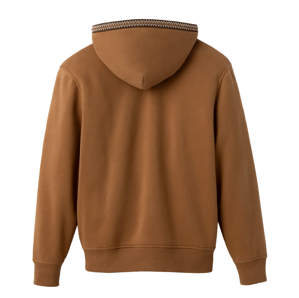 Back view of the UGG Tasman Hoodie, showing the solid color, ribbed waistband and cuffs, and the contrasting zig-zag UGGbraid trim detail along the back edge of the hood.