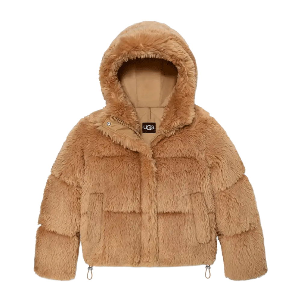 UGG hooded puffer jacket with a short, cropped silhouette, made of chunky, light brown faux fur material and featuring a zip closure and drawstrings at the hem.