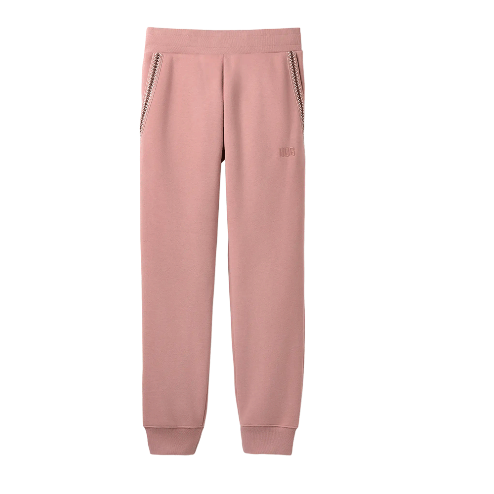 Front view of dusty rose UGG jogger sweatpants featuring braided trim detail around the side pockets and a subtle embroidered logo on the thigh.
