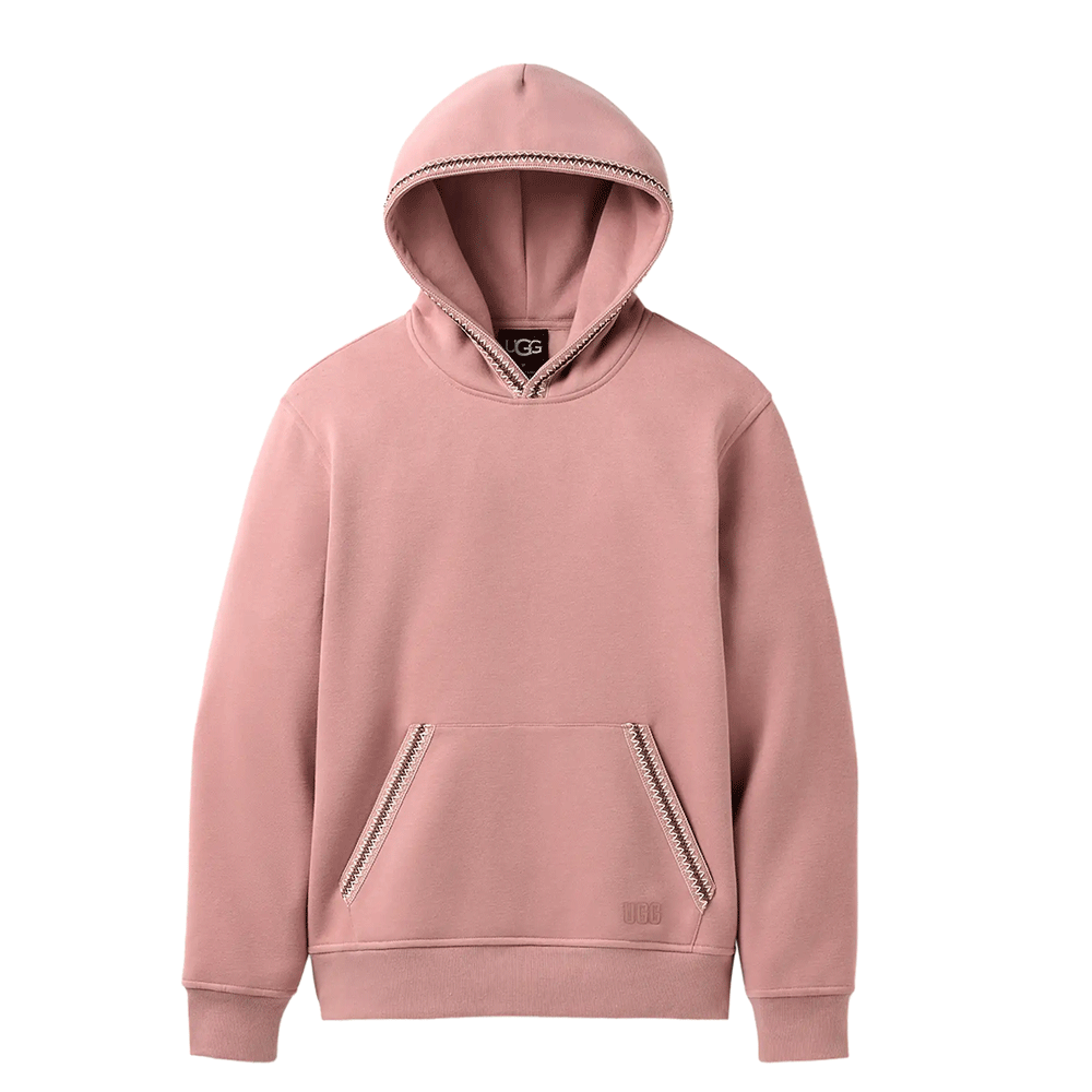 Front view of a dusty rose UGG hoodie with a kangaroo pocket and braided trim detail around the hood and pocket edges.