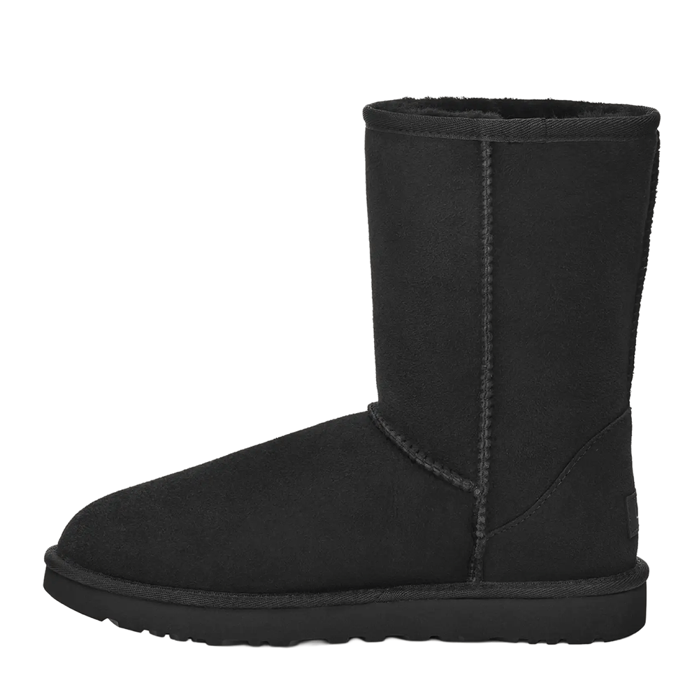 Side view of a single black UGG Women’s Classic Short II boot, showcasing the suede exterior, stitching, and dark sole, against a white background.