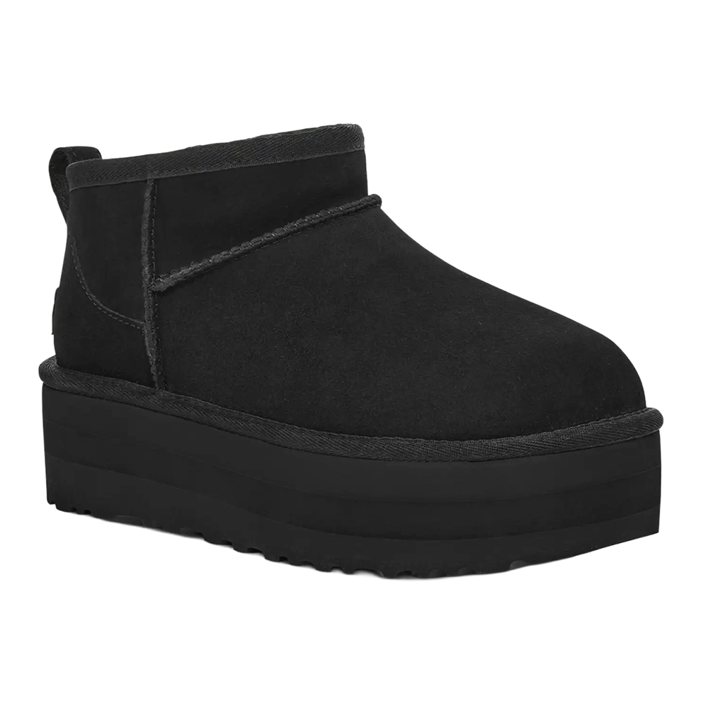 Front View Of Black UGG Classic Boot Ultra Mini Platform made with rich suede, featuring a thick elevated sole, overlock stitching, and an asymmetrical topline
