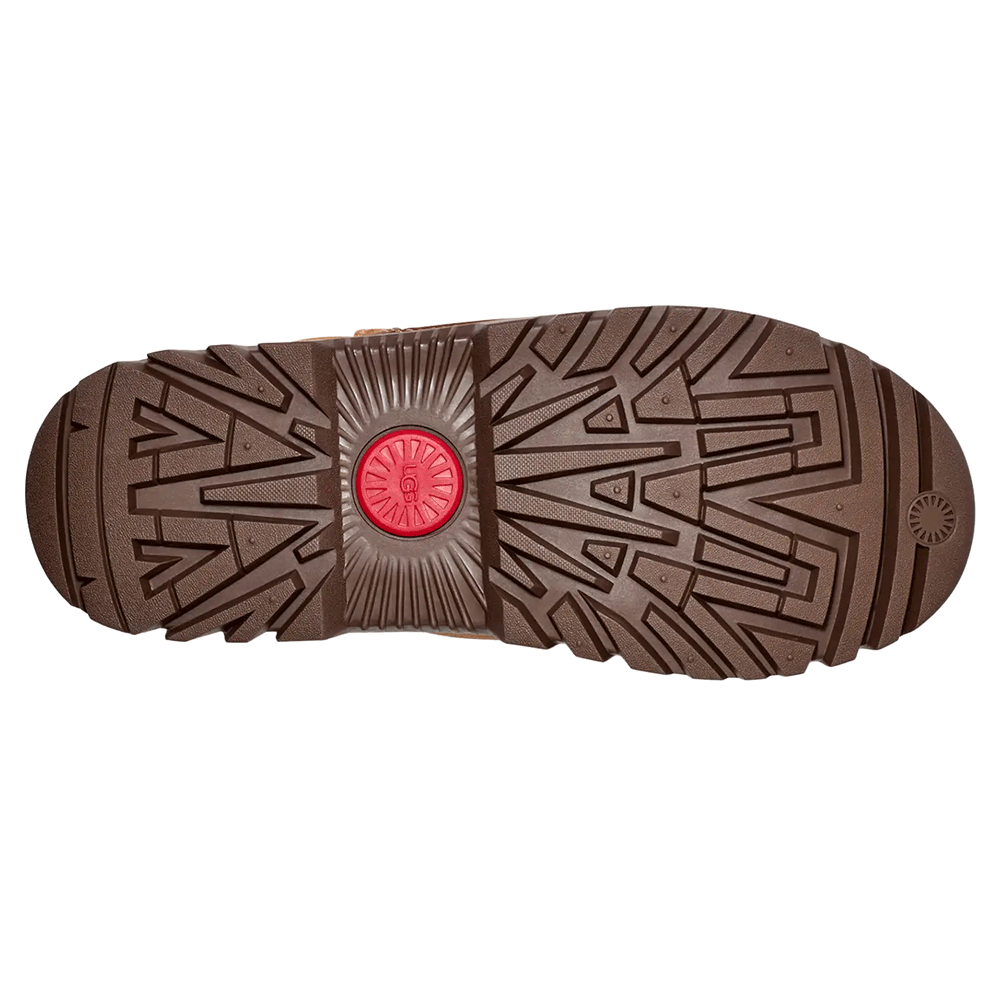 Bottom view of the UGG Classic Tall TrailGazer boot, showcasing the aggressive brown White Spider Rubber® outsole tread pattern with a prominent red UGG logo center plug.