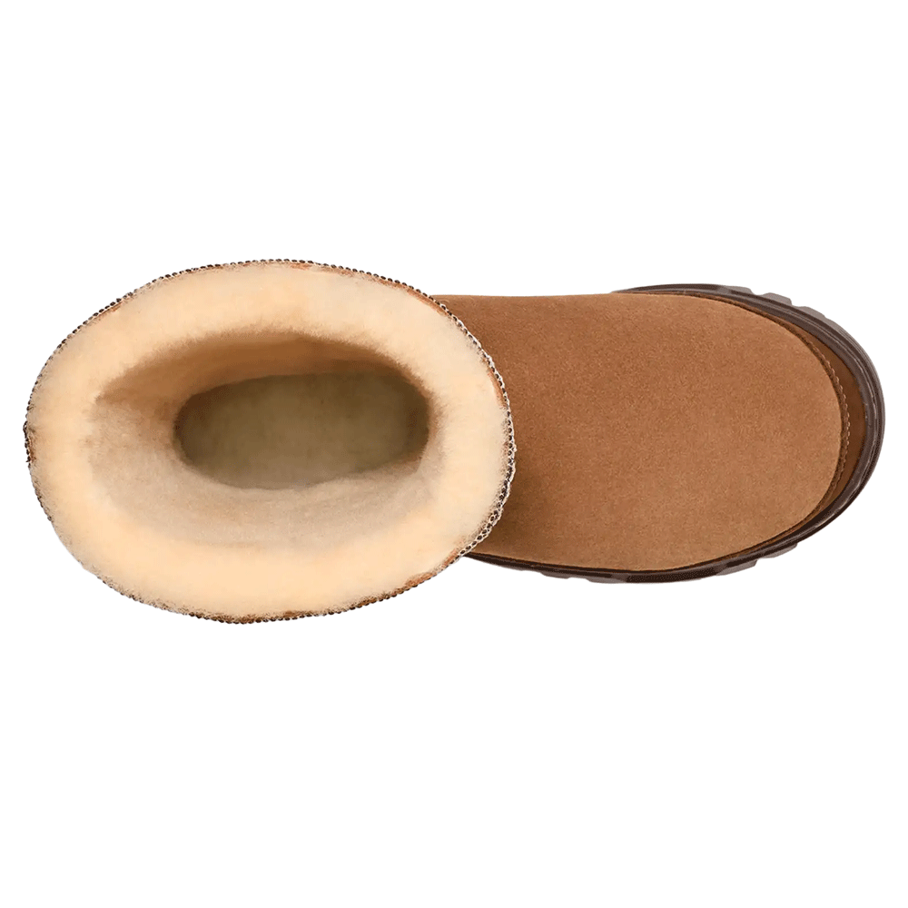 Top-down view of the Chestnut UGG Classic Tall TrailGazer boot, highlighting the deep, plush cream-colored UGGplush wool lining inside the shaft and the suede upper.