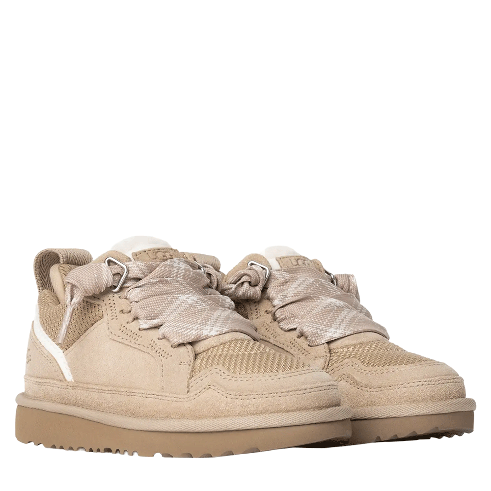 Front view of a pair of Sand UGG Lowmel low-top sneakers, showcasing the mesh vamp, the textured outsole, and the wide patterned laces designed to be worn open and loose.