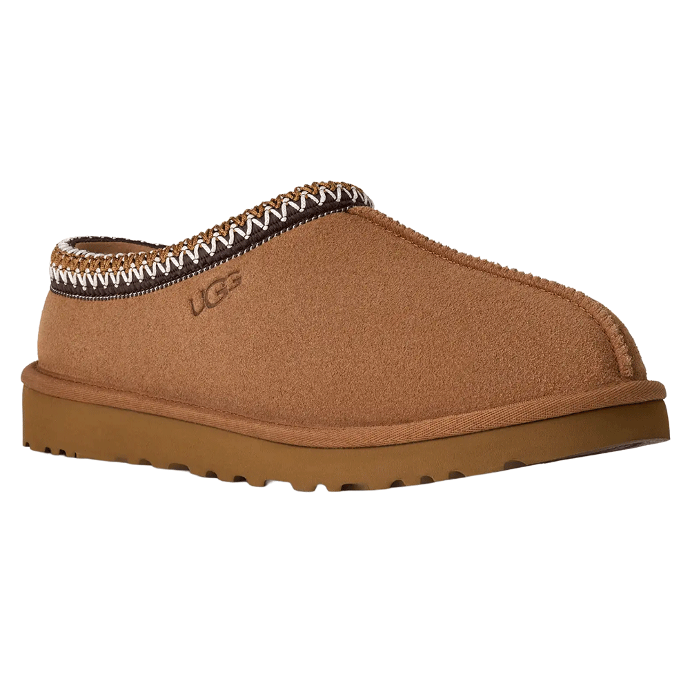 Angled view of the chestnut UGG Tasman II slipper showing UGGbraid trim and the outsole.