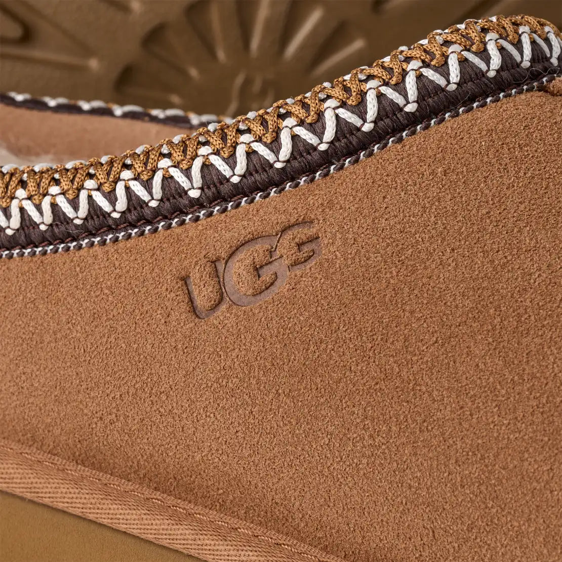 Close-up of a brown UGG boot with braided trim