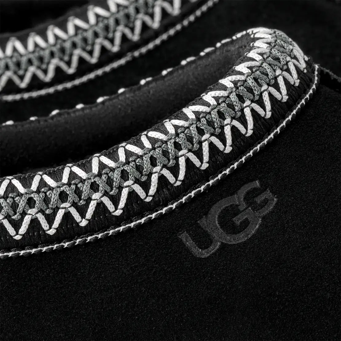Close-up of black UGG boots with white stitching on a black background