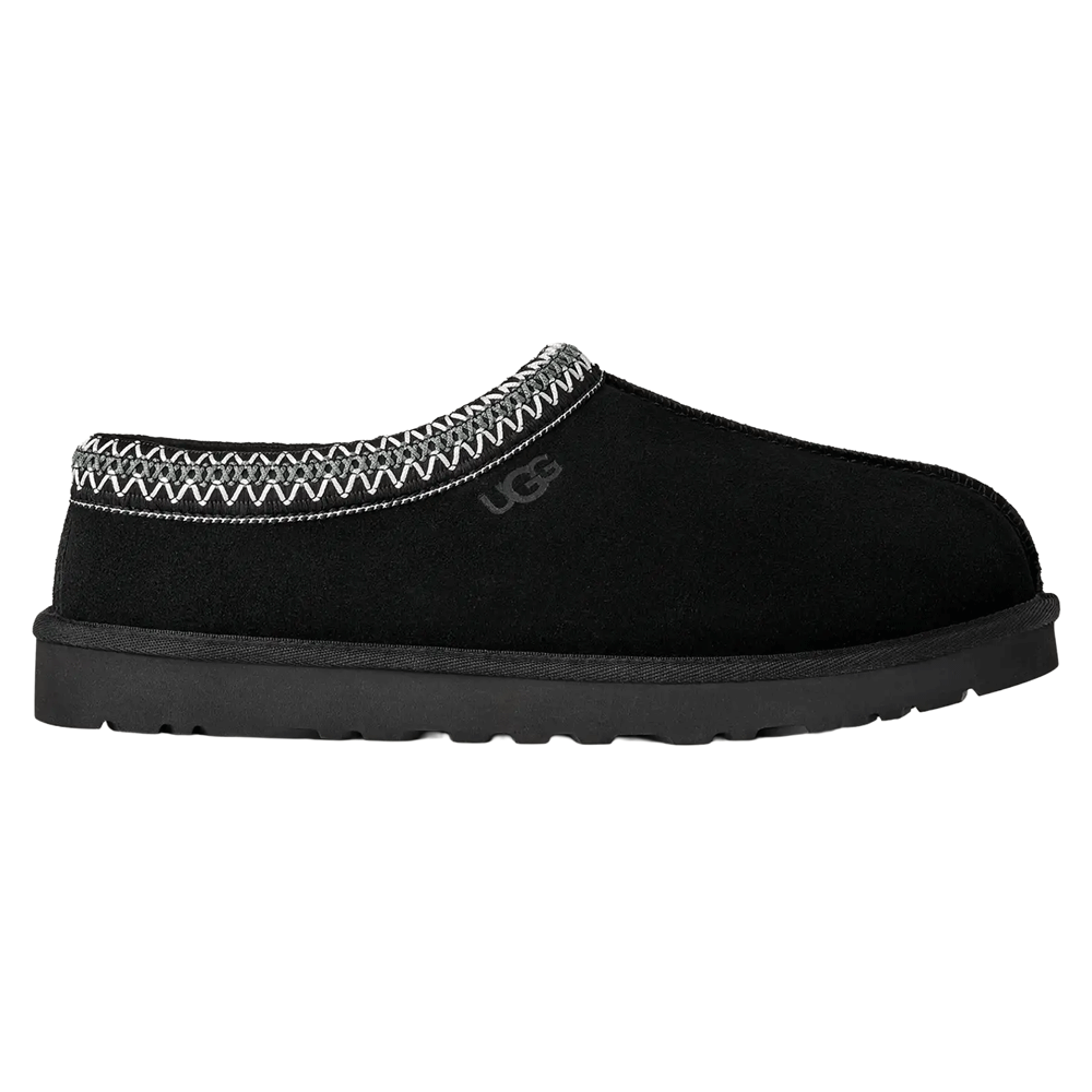 Side view of the black UGG Tasman II slipper with suede upper, gray/white UGGbraid collar, and a black EVA outsole.