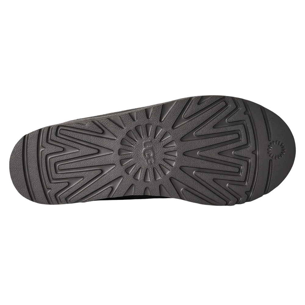 Bottom view of a dark gray/black UGG boot outsole. The image shows the full length of the thick rubber or EVA sole, featuring a deep, ridged starburst-like traction pattern with a debossed UGG logo at the center.