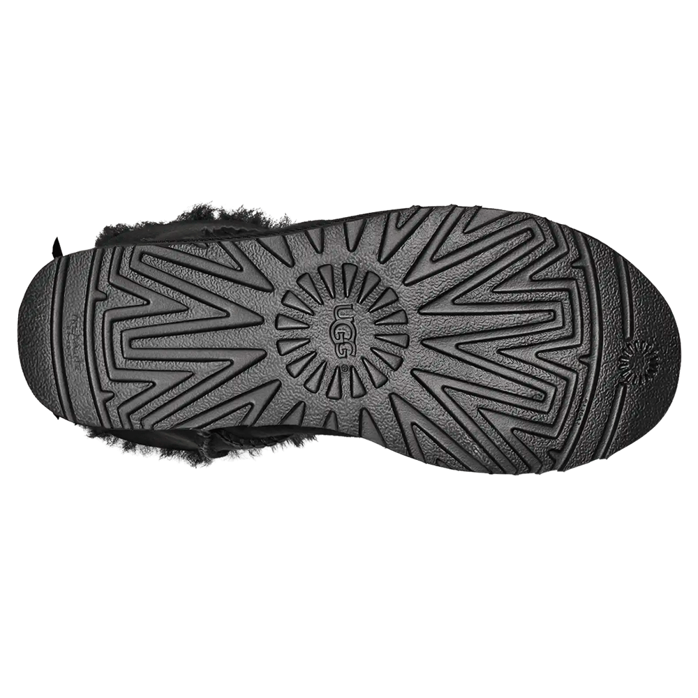 Bottom view of the Black UGG Mini Bailey Bow II sole, showcasing the black Treadlite by UGG™ or Sugarcane EVA outsole with the classic UGG sunburst tread pattern.