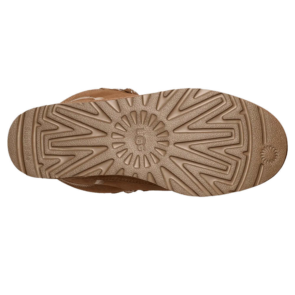 Bottom view of the Chestnut UGG Classic Boot sole, showcasing the original brown EVA outsole with a circular sunburst tread pattern.