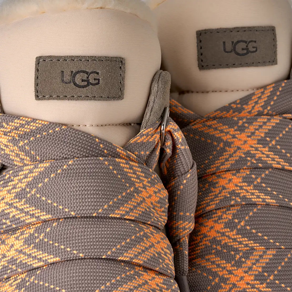 Close-up of UGG boots with plaid patterned laces
