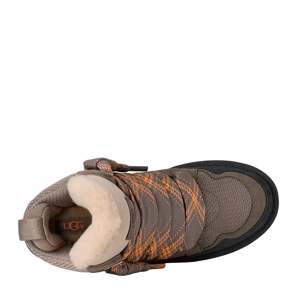 Top-down view of the Cobble Grey UGG Highmel high-top sneaker, showcasing the plush cream-colored UGGplush lining, the orange and gray patterned laces, and the dark gray Sugarcane EVA sole.