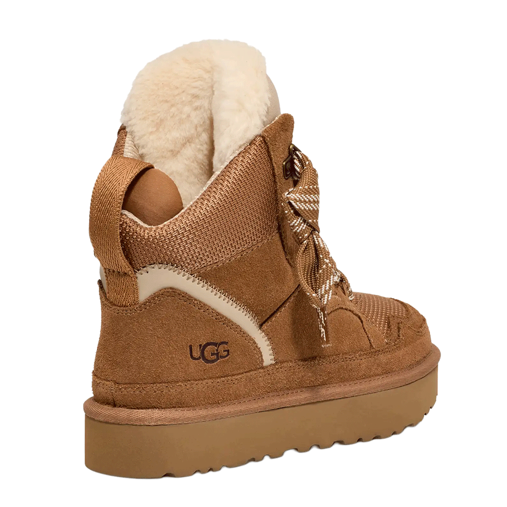 Rear view of the Chestnut UGG Highmel high-top sneaker, showcasing the webbed heel strap, the UGG logo embossed on the suede heel panel, and the plush cream-colored lining at the collar.