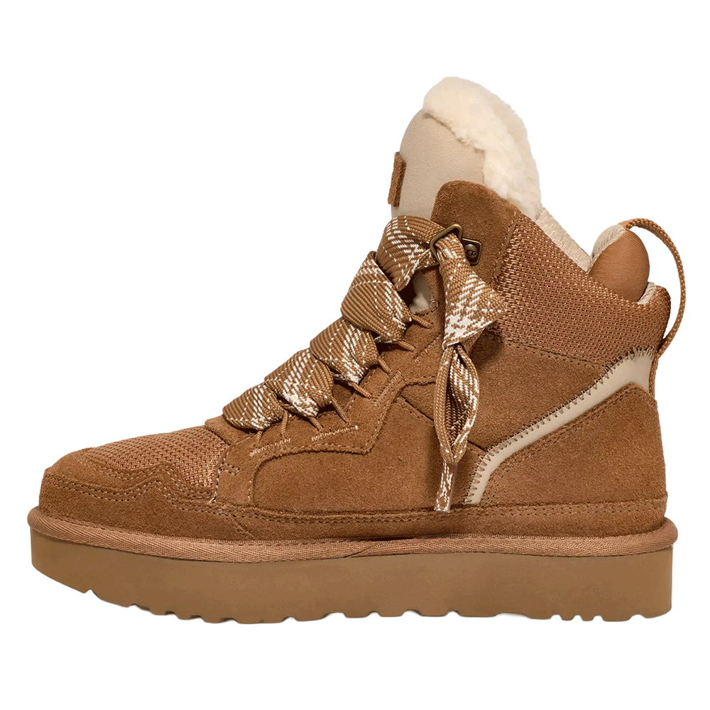 Side view of the Chestnut UGG Highmel high-top sneaker, featuring a suede and recycled canvas mesh upper, a padded collar with plush lining, chunky white and brown patterned laces, and a thick Sugarcane EVA outsole with a durable tread.