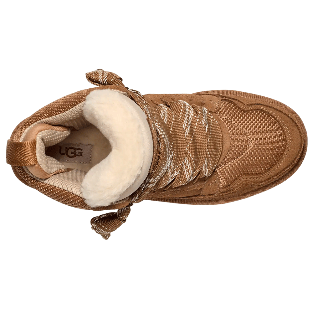 Top-down view of the Chestnut UGG Highmel high-top sneaker, clearly showing the plush cream-colored UGGplush lining, the UGG logo on the footbed, the webbed heel strap, and the chunky patterned laces.