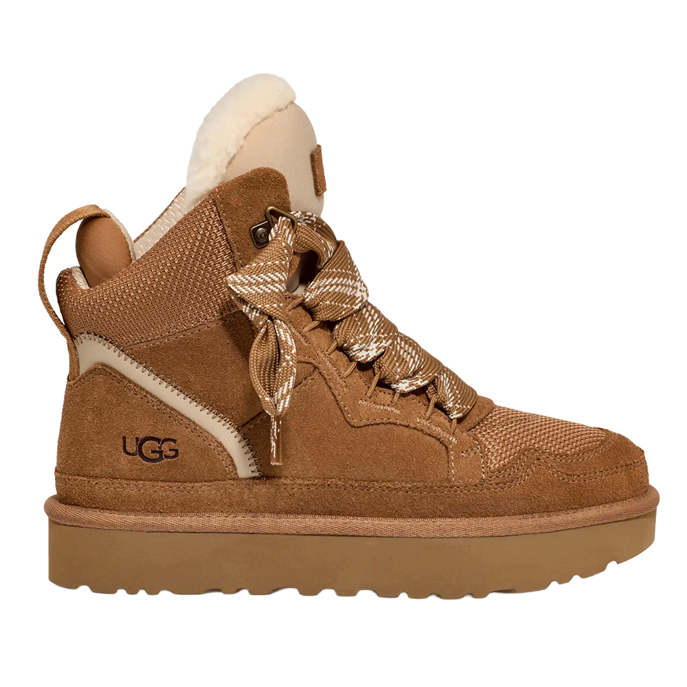 Side view of the Chestnut UGG Highmel high-top sneaker, featuring a suede and recycled canvas mesh upper, a padded cuff with plush lining, chunky white and brown patterned laces, and a thick Sugarcane EVA outsole.