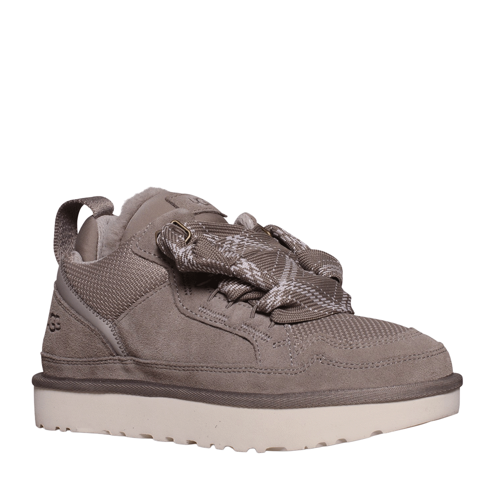 UGG Lowmel sneaker in Smoke Plume. Light gray/taupe suede and mesh upper with loose two-tone laces and a thick white Sugarcane sole.