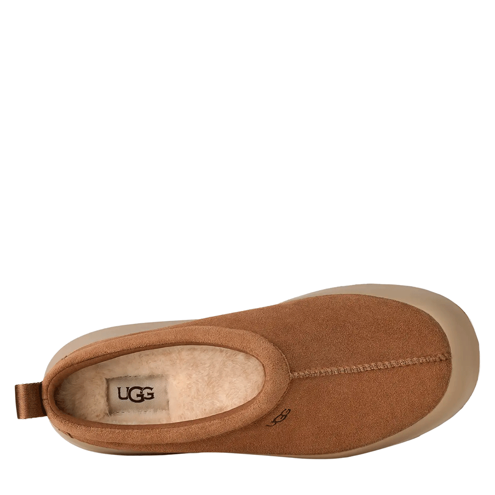 Front view of the tall UGG Classic Tall TrailGazer boot in Chestnut suede, showcasing the tall shaft, the decorative UGGbraid detail around the cuff, and the substantial brown platform sole with visible stitching.