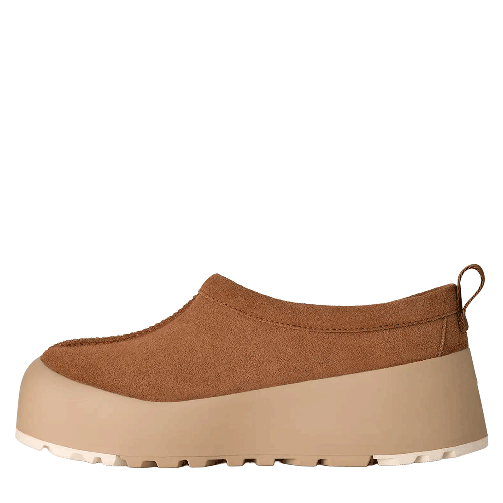 Side view of the Chestnut Tasman StreetScape UGG mule, featuring a water-resistant suede upper, a rear pull tab, and a solid, oversized, contrasting light beige platform outsole with a subtle lug tread.