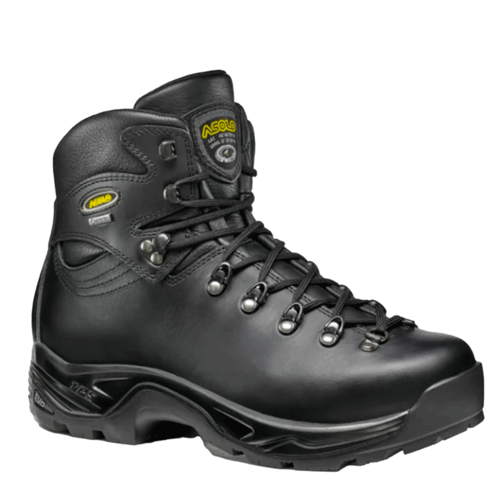 Black Asolo hiking boot with leather upper, metal eyelets, and rugged sole designed for outdoor trekking and durability.