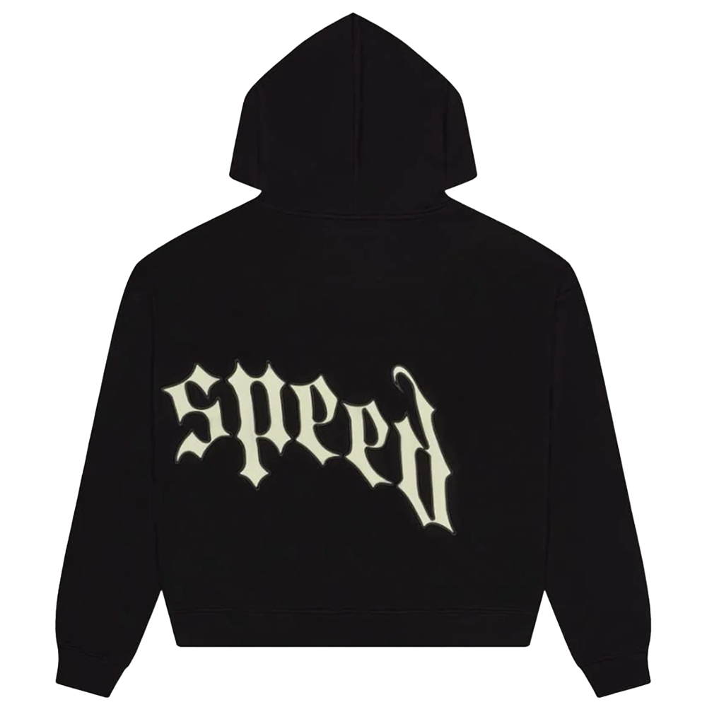 The back view of a Godspeed OG Logo V2 black zip-up hoodie. It features a large "Speed" logo in white Gothic-style font arched across the lower back, matching the branding on the front. The image shows the hoodie's oversized silhouette and clean hemline.