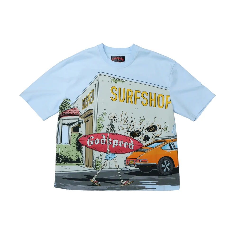 T-shirt with a graphic of a surf shop and car on a white background