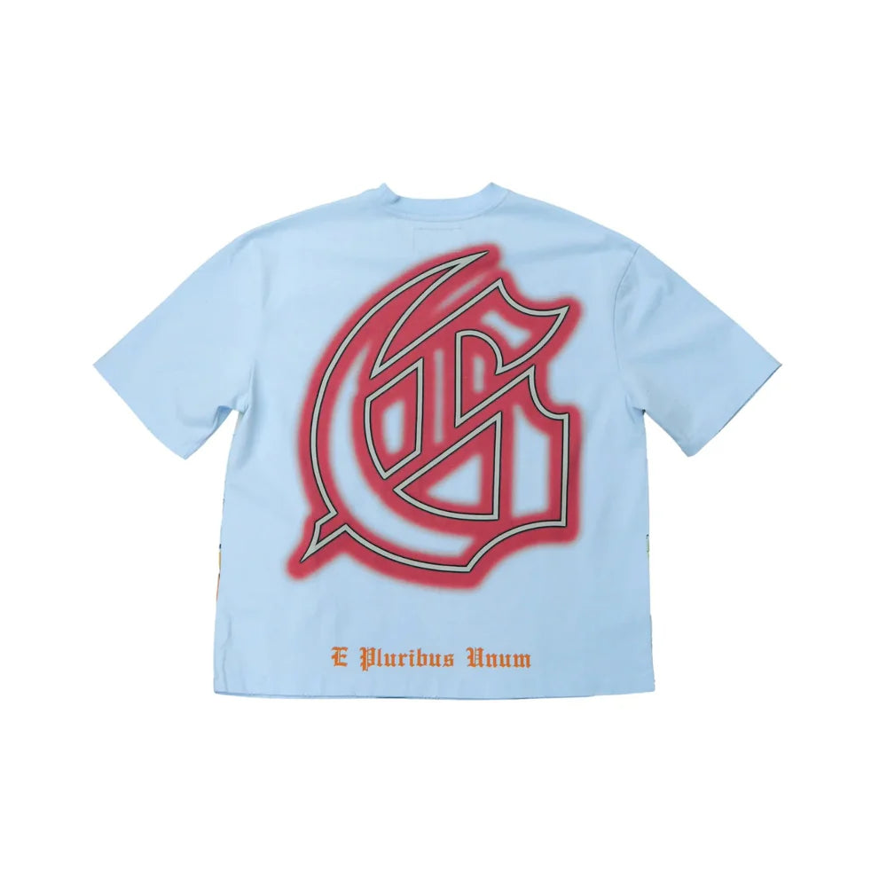 Light blue t-shirt with a red and black Godspeed logo on the back 